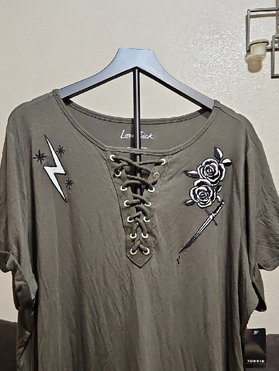 torrid Olive Lace-Up Tunic with Floral & Lightning Embroidery - Picture 2 of 7